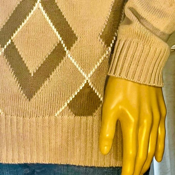 ▪️LIZ CLAIBORNE▪️Tan & White Cotton Argyle Cowl Neck Sweater - Picture 4 of 6